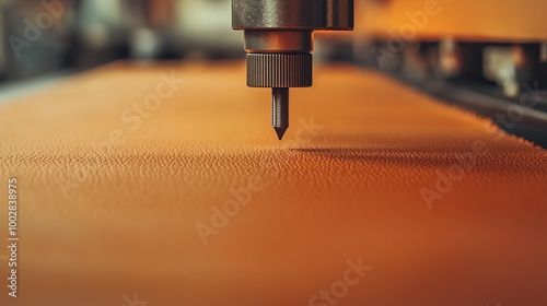 Closeup of leather being cut by a precision machine, sharp lighting, side angle, warm tones, focus on fine craftsmanship in a luxury goods factory photo