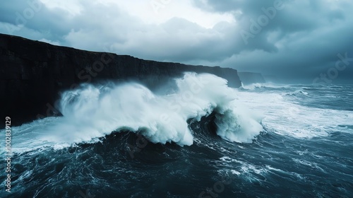 Ocean waves crashing against rocky cliffs, spray flying in all directions, lowangle, cloudy sky, stormy sea