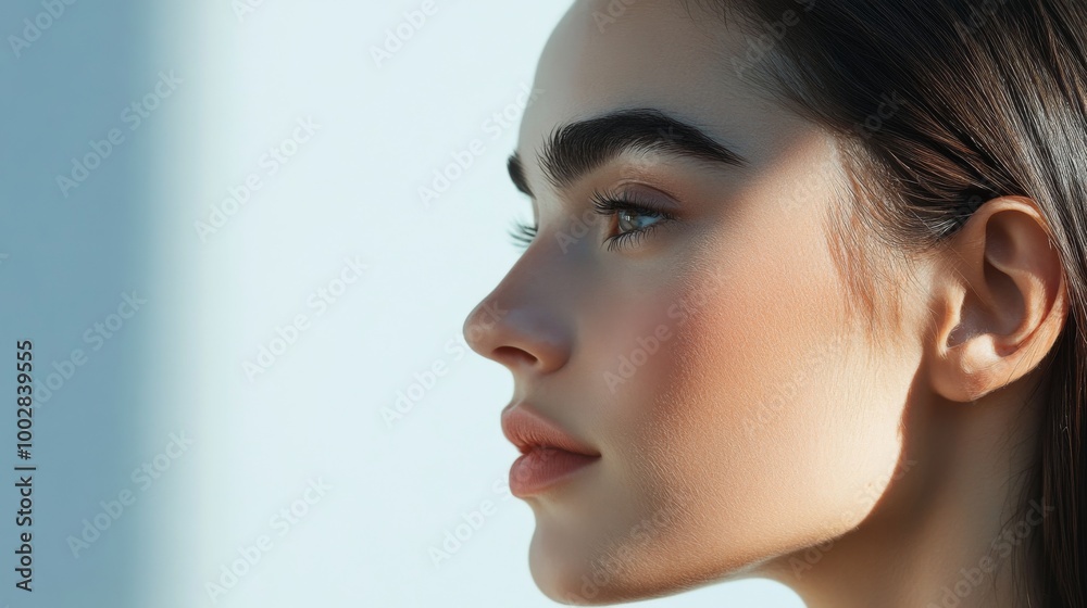 A side profile of a woman with defined, dark eyebrows, highlighting the clean and symmetrical lines with a smooth, soft background to accentuate her features.