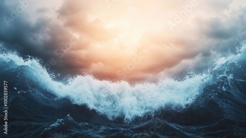 Flash flood cascading down rocky mountains, powerful water currents, 3D illustration