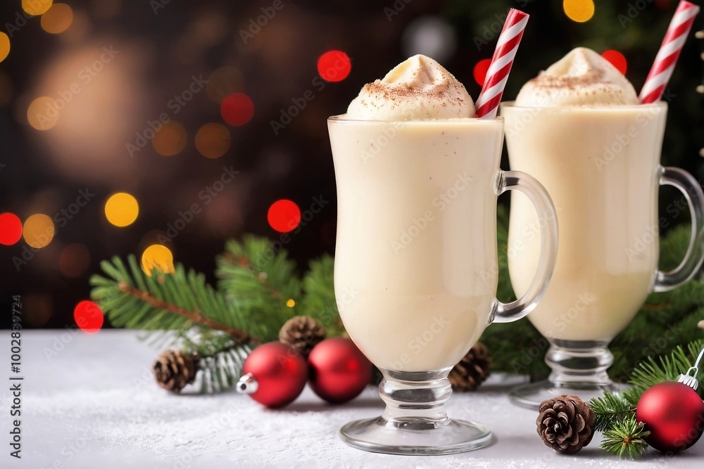 Christmas eggnog in a glass with a Christmas background and copy space. Christmas eggnog in a glass with a Christmas background and copy space.