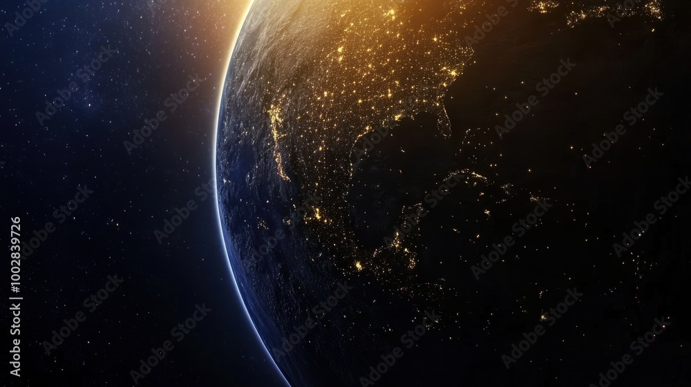 Naklejka premium A view of Earth surface showing the transition between day and night, with city lights appearing on the dark side