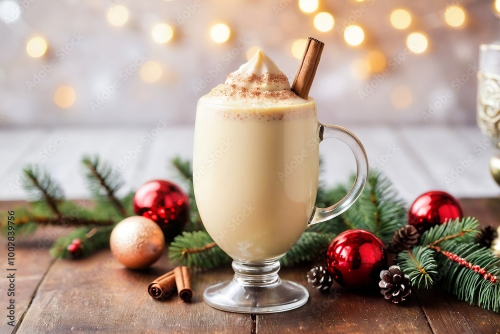 Christmas eggnog in a glass with a Christmas background and copy space. Christmas eggnog in a glass with a Christmas background and copy space.