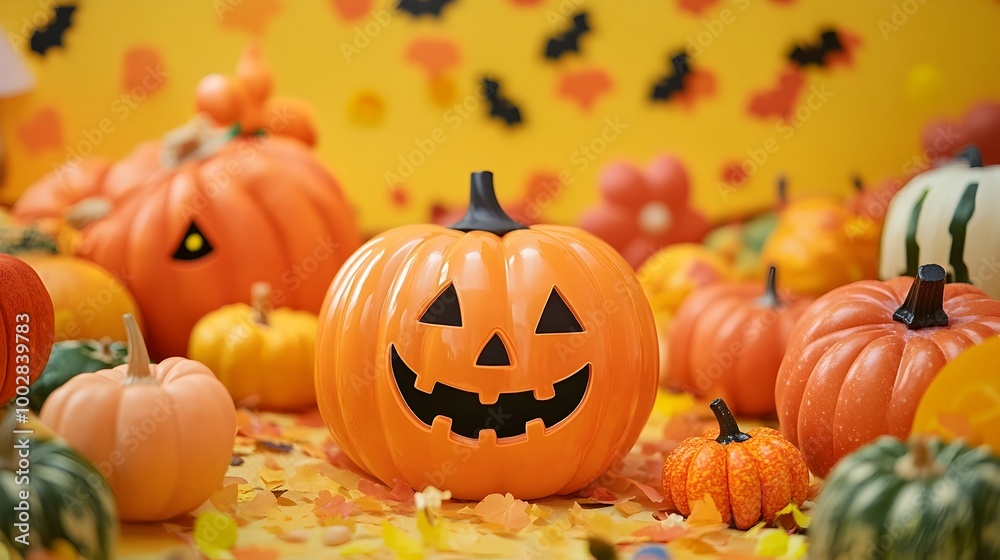 Festive Halloween Backdrop with Playful Pumpkins Cheerful Colorful Fun Costumes for a Kid s Halloween Party or Festive Halloween Backdrop with Playful Pumpkins Cheerful Colorful Fun Costumes for a Kid s Halloween Party or