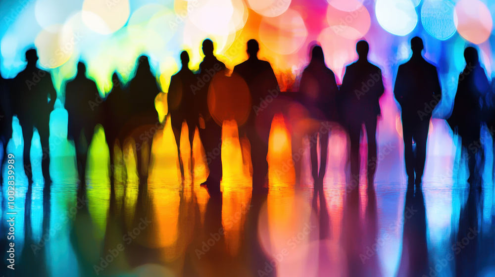 Silhouettes of business people standing together against vibrant, colorful background, creating dynamic and energetic atmosphere. blurred effect adds sense of mystery and intrigue Silhouettes of business people standing together against vibrant, colorful background, creating dynamic and energetic atmosphere. blurred effect adds sense of mystery and intrigue