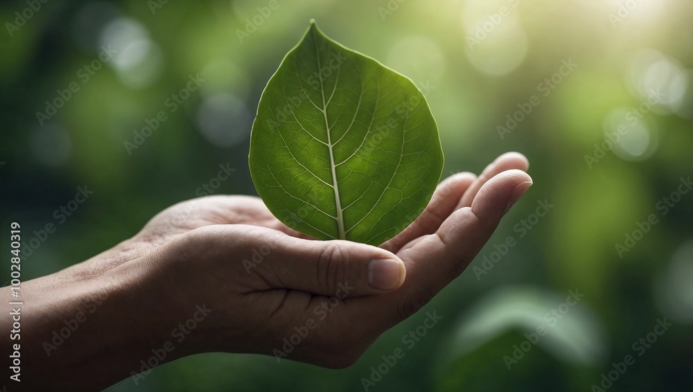Hand gently holding green leaf with sunlight and bokeh background Hand gently holding green leaf with sunlight and bokeh background
