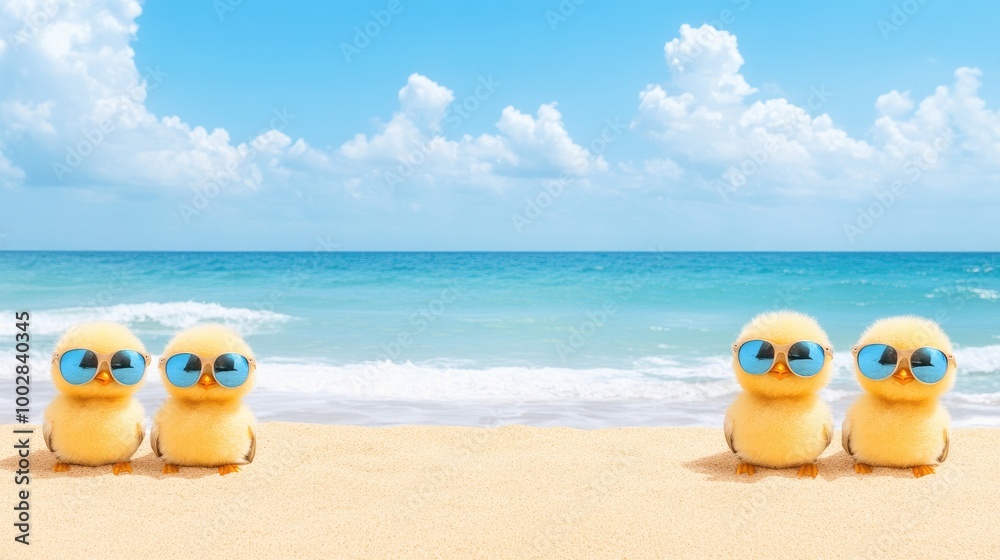 Obraz premium Seagulls stylishly relaxing on the beach in sunglasses, enjoying a sunny day by the ocean with a cheerful atmosphere