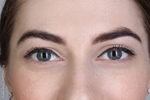 Woman after brow lamination procedure, closeup view