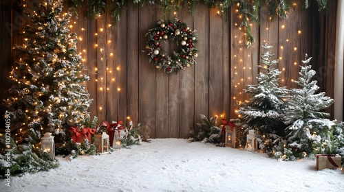 Cozy and charming winter wonderland scene featuring a snow covered Christmas tree twinkling string lights a festive wreath and other rustic holiday a warm and inviting seasonal backdrop for photo