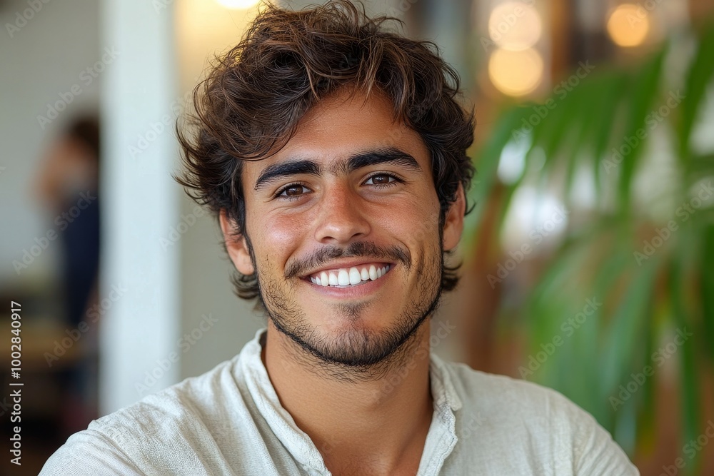Close up portrait of young smiling hispanic man, businessman smiling and looking at camera, financier investor working inside office at workplace, satisfied with achievement results, Generative AI Close up portrait of young smiling hispanic man, businessman smiling and looking at camera, financier investor working inside office at workplace, satisfied with achievement results, Generative AI