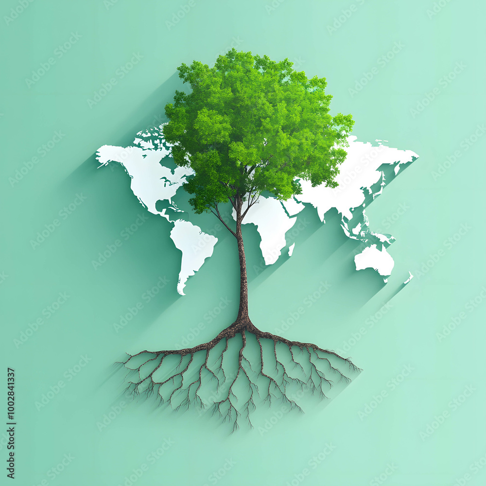 A tree with roots spreading across a world map and branches extending ...