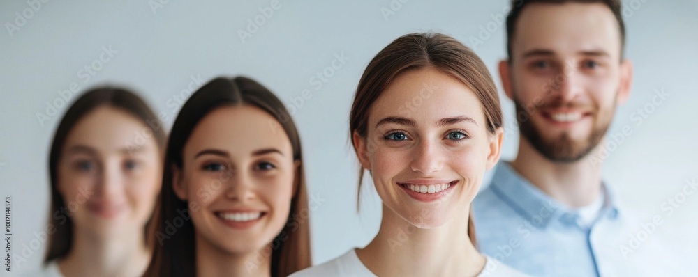 Group of diverse smiling individuals, cheerful atmosphere, light background. Group of diverse smiling individuals, cheerful atmosphere, light background.