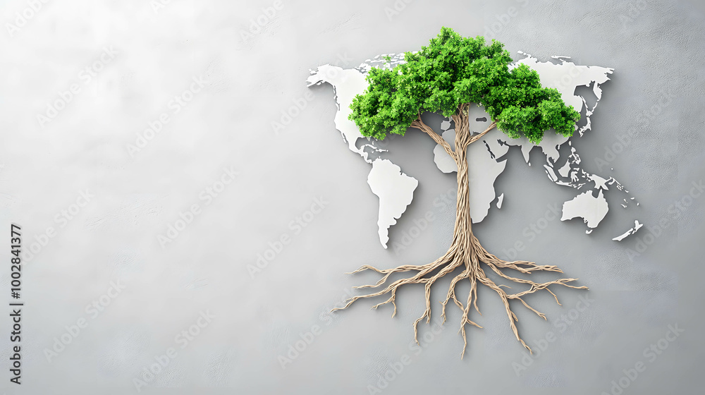A tree with roots spreading across a world map and branches extending ...