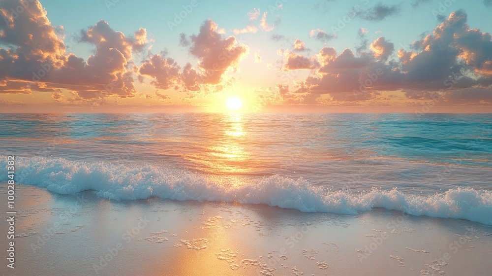 Serene beach sunset with gentle waves and colorful clouds. Serene beach sunset with gentle waves and colorful clouds.