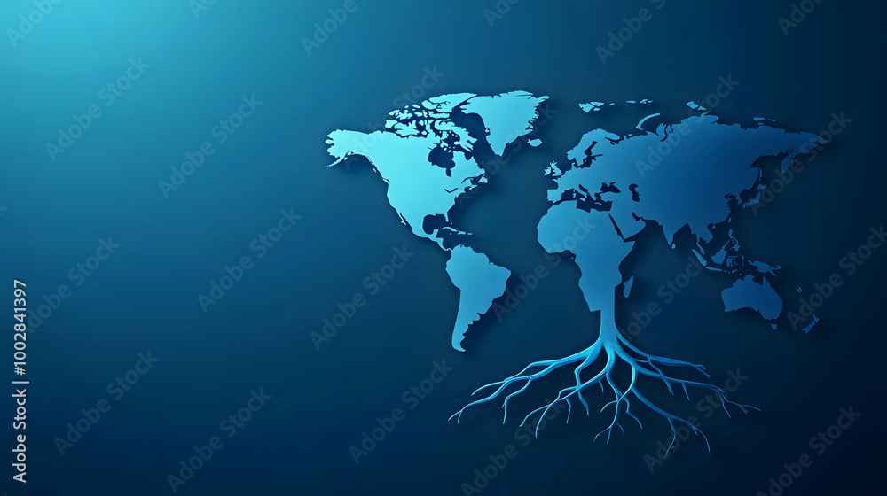 Naklejka premium A tree with roots spreading across a world map and branches extending to different countries, representing investment distribution. diversification and portfolio management.