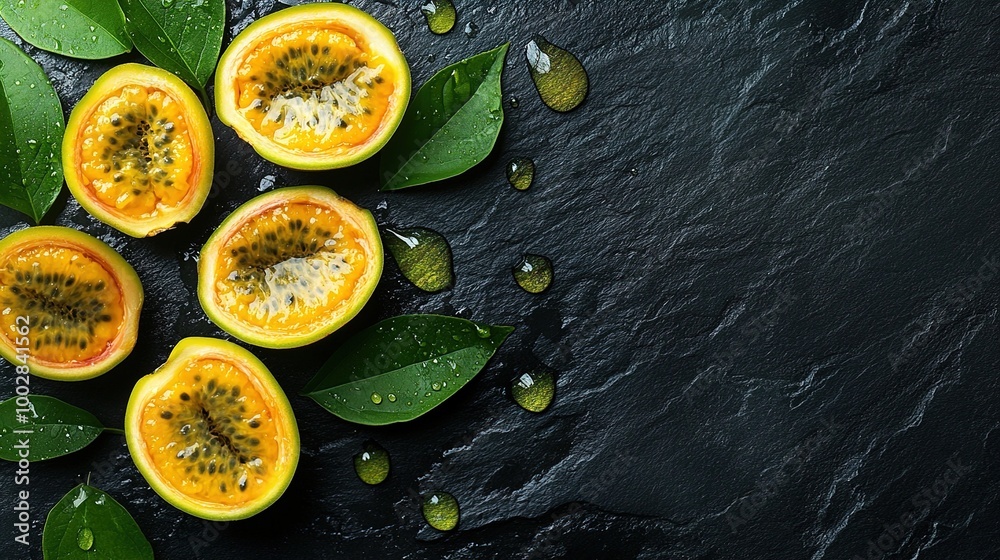 Vibrant Yellow Passionfruit on Dark Slate Background Vibrant Yellow Passionfruit on Dark Slate Background