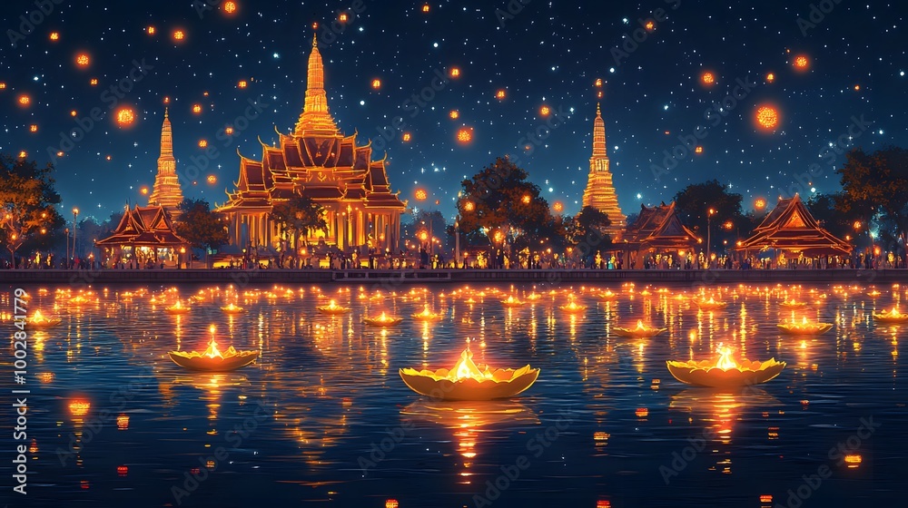 Naklejka premium Colorful cartoon vector of Thai people releasing floating krathongs into the river during Loi Krathong under a full moon