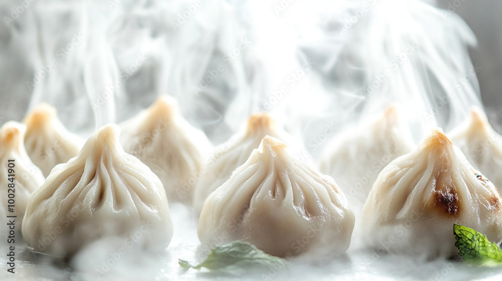 Obraz premium Steaming dumplings served with aromatic herbs viewed in a cozy kitchen setting