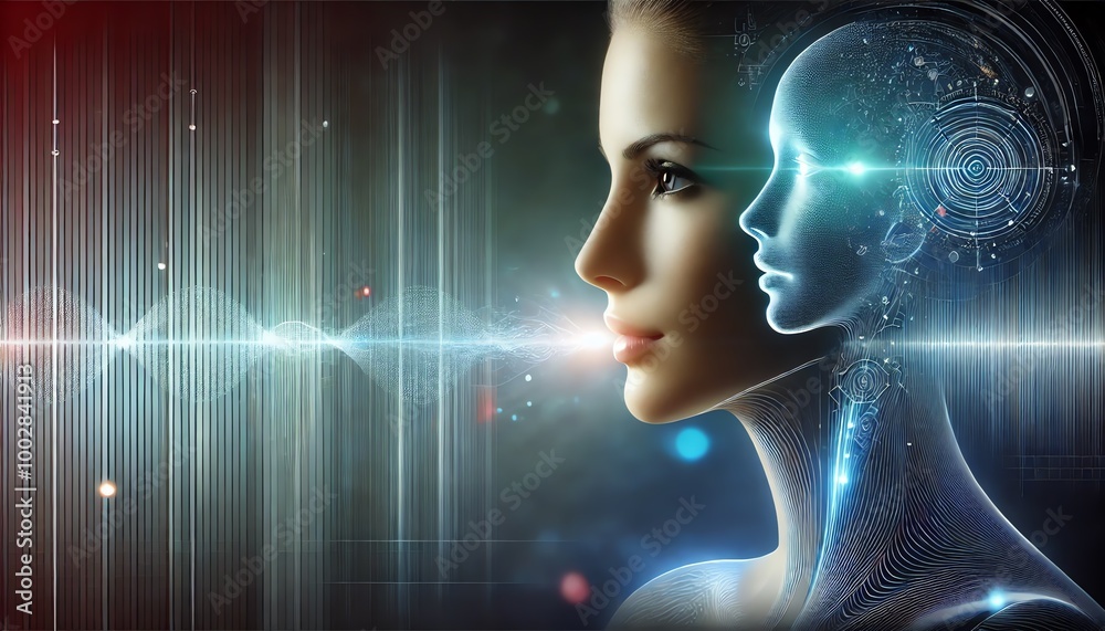 A futuristic image of a woman's face in profile, looking forward A futuristic image of a woman's face in profile, looking forward