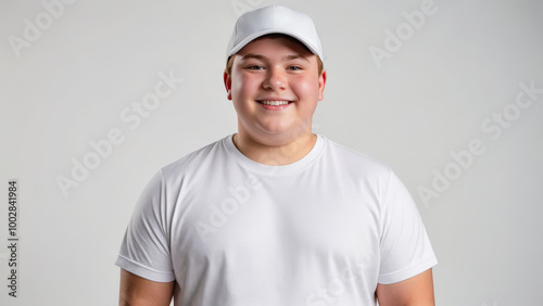 Plus size teenage boy wearing white t-shirt and white baseball cap isolated on grey background