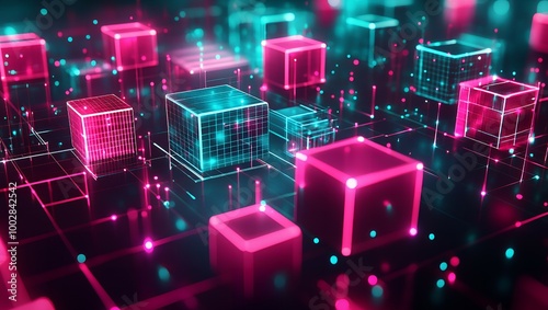 Neon cubes glow in a digital space.