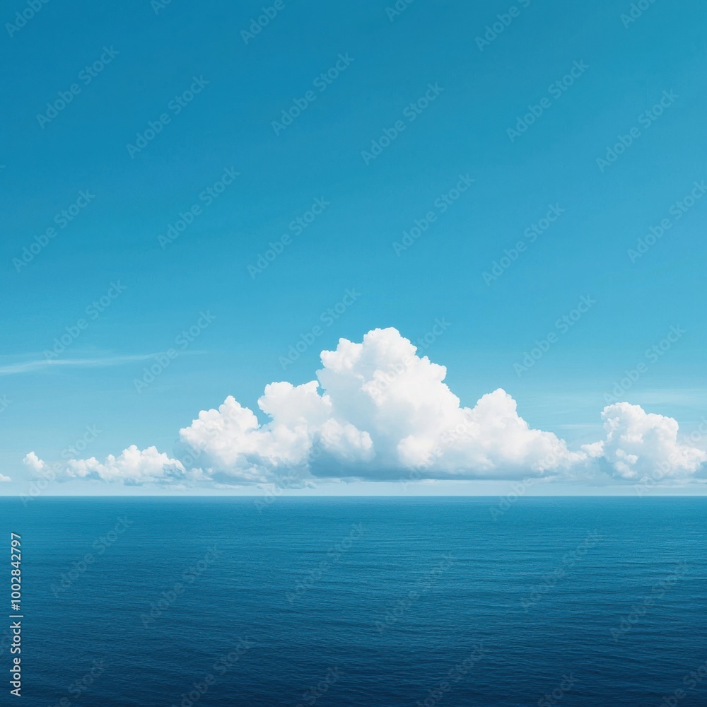 Serene ocean view with fluffy clouds under a clear blue sky. Serene ocean view with fluffy clouds under a clear blue sky.