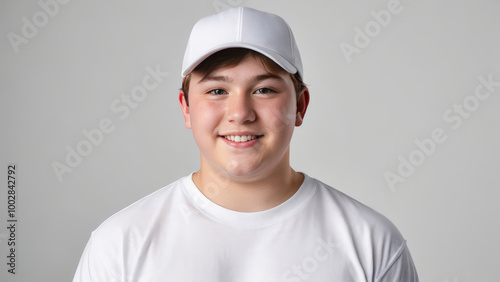 Plus size teenage boy wearing white t-shirt and white baseball cap isolated on grey background