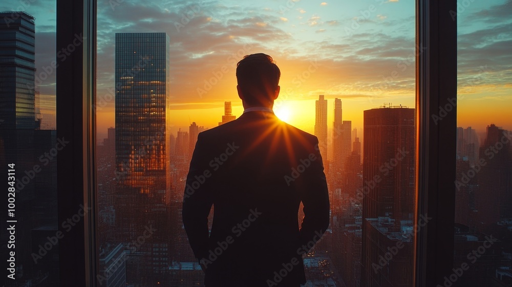 Aerial Shot from the Outside Into Office Building with Businessman Looking out of the Window. Beautiful Shot of The Financial District Skyscrapers, Generative AI Aerial Shot from the Outside Into Office Building with Businessman Looking out of the Window. Beautiful Shot of The Financial District Skyscrapers, Generative AI