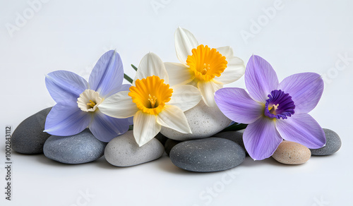 Spring Flowers and Smooth Stones Arrangement on White Background