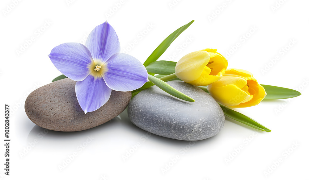 Spring Flowers and Smooth Stones Arrangement on White Background Spring Flowers and Smooth Stones Arrangement on White Background
