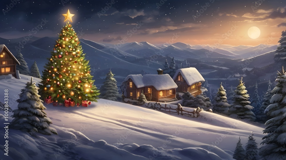 christmas tree in the snow in the village christmas tree in the snow in the village