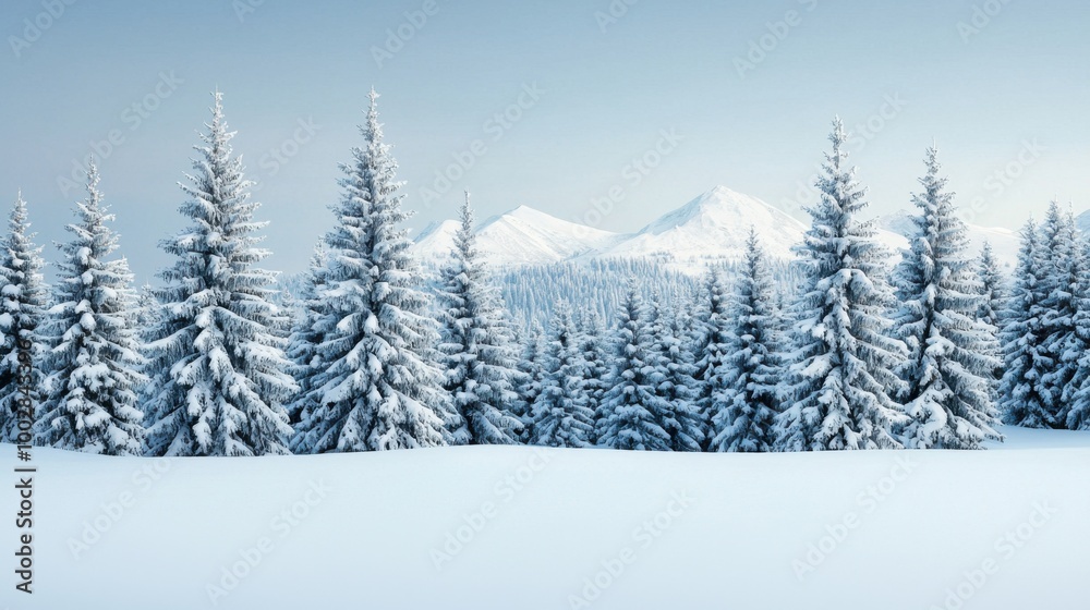 Fototapeta premium Snow-covered trees with mountains in the background under a clear blue sky.