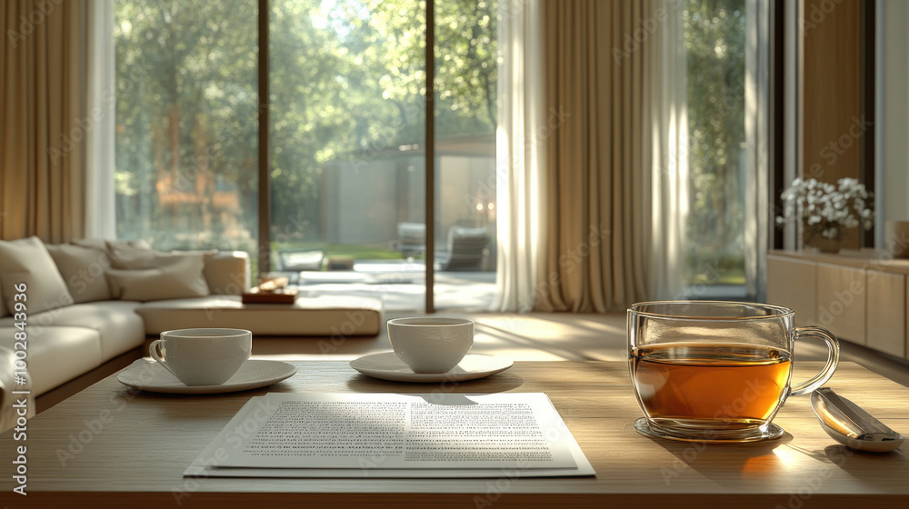 A cup of tea sits beside two smaller cups on a wooden table in a bright, airy living room with lush greenery outside