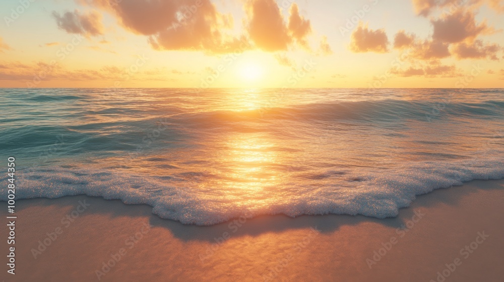 Sunset over a serene beach, warm light reflecting on the clear water Sunset over a serene beach, warm light reflecting on the clear water