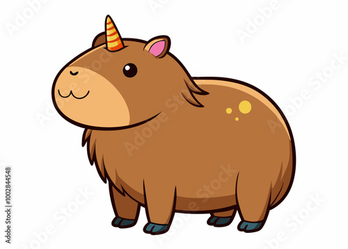 Cartoon Capybara with Unicorn horn isolated on a white background