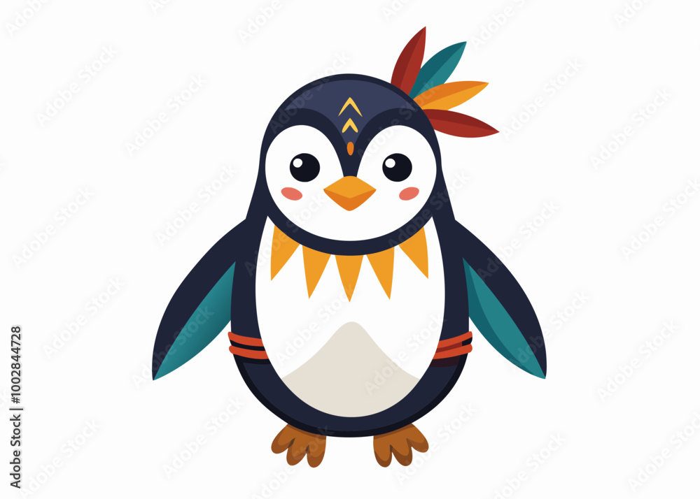 Cartoon tribal Penguin with feathers on a white backgroun Cartoon tribal Penguin with feathers on a white backgroun