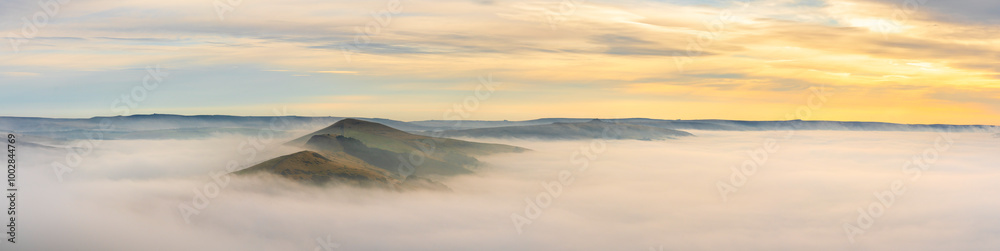 Mam Tor sunrise panorama in Peak District. United Kingdom. England Mam Tor sunrise panorama in Peak District. United Kingdom. England