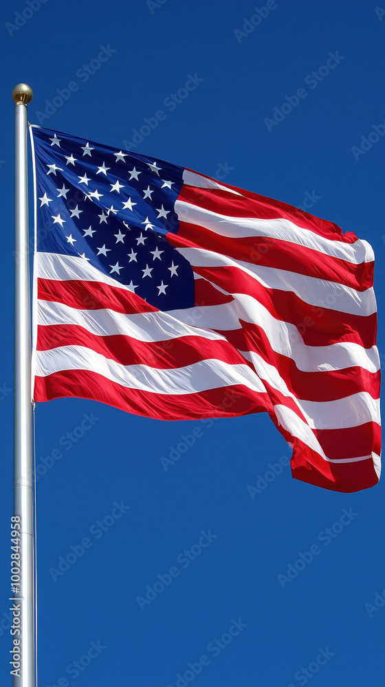 Obraz premium American flag waving against clear blue sky, symbolizing freedom and unity