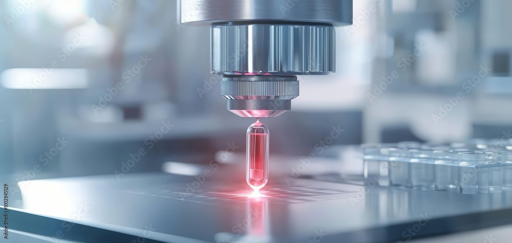 A glowing, transparent capsule being injected into a high-tech medical device in a sterile laboratory A glowing, transparent capsule being injected into a high-tech medical device in a sterile laboratory