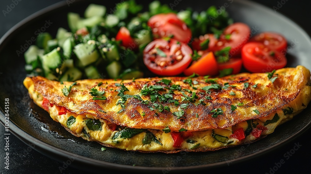 Fresh homemade omelette with mushrooms, feta cheese and herbs. A healthy protein breakfast with mushrooms and spinach Fresh homemade omelette with mushrooms, feta cheese and herbs. A healthy protein breakfast with mushrooms and spinach