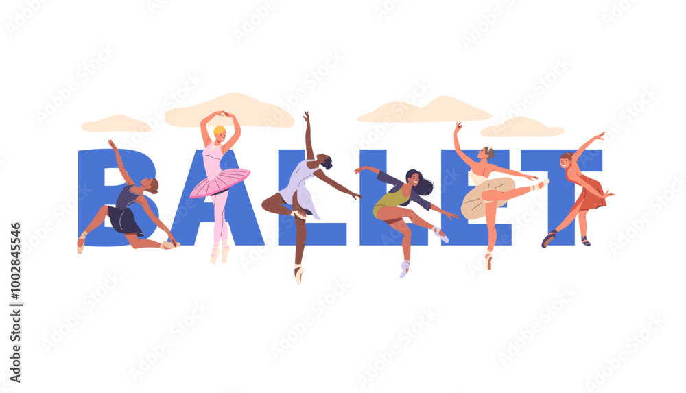 Poster Showcasing A Group Of Ballet Dancers In Various Expressive Poses. Vector Concept Captures The Grace, Flexibility Poster Showcasing A Group Of Ballet Dancers In Various Expressive Poses. Vector Concept Captures The Grace, Flexibility