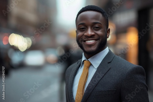 A smiling businessman is standing on the street, Generative AI