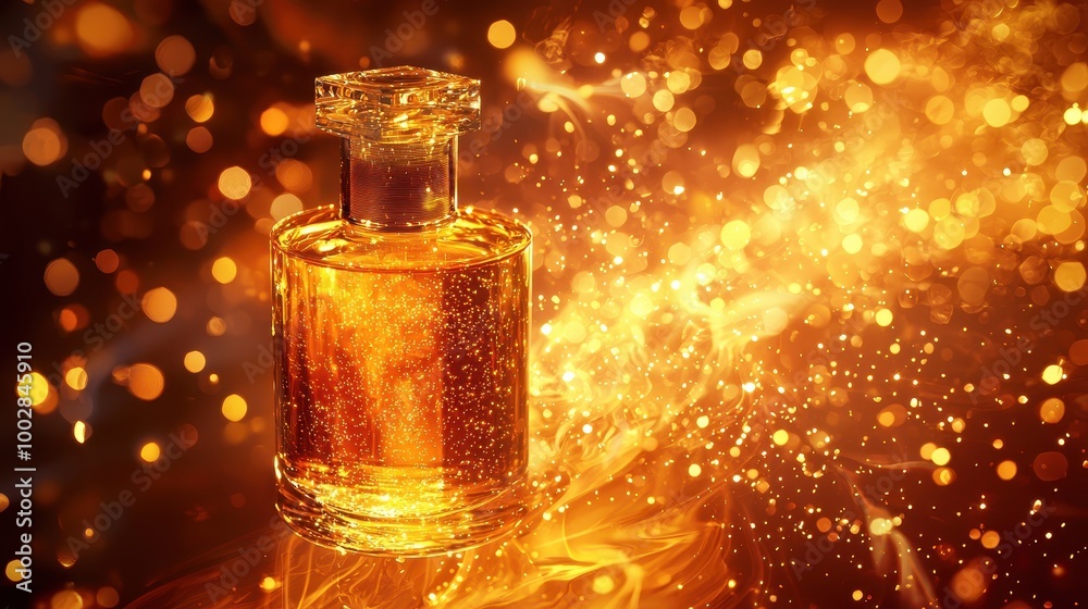Glowing Amber Perfume Bottle with Sparkling Background Glowing Amber Perfume Bottle with Sparkling Background