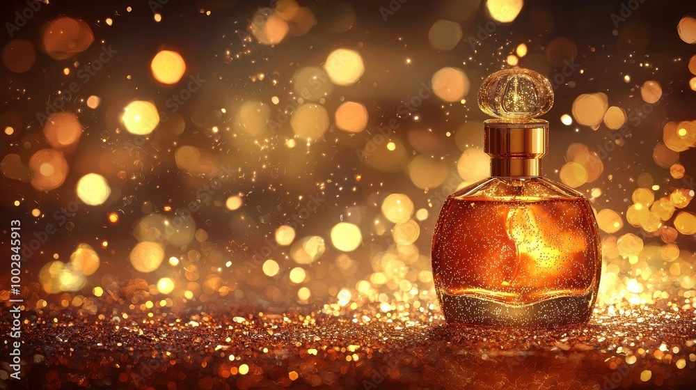 Glowing Amber Perfume Bottle with Sparkling Background Glowing Amber Perfume Bottle with Sparkling Background