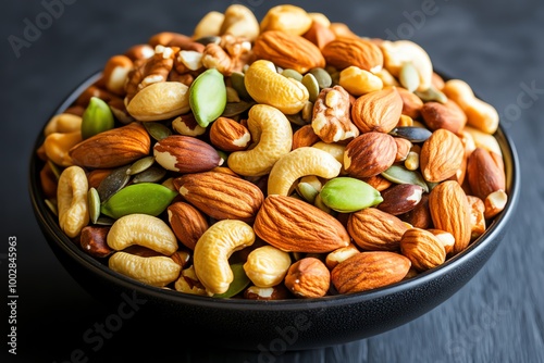A bowl of mixed nuts and seeds, showcasing a healthy snack rich in protein, fiber, and healthy fats