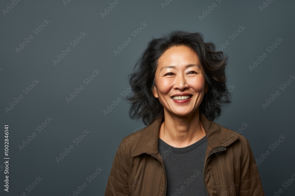 Obraz premium Portrait of a cheerful asian woman in her 50s sporting a long-sleeved thermal undershirt on plain cyclorama studio wall