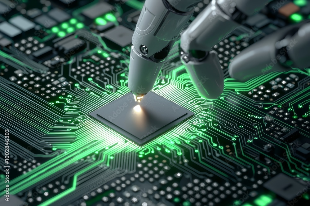 Fototapeta premium Advanced robotic assembler placing a microchip onto a glowing circuit board, reflecting the fusion of technology, robotics, and the future of electronics production