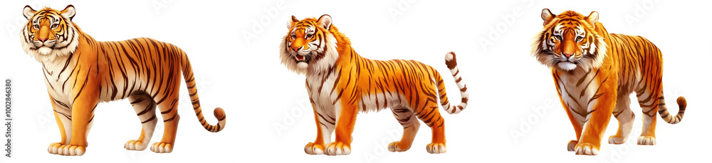 Obraz premium Majestic tiger prowling through lush jungle, vibrant orange fur contrasting with deep green foliage, showcasing its powerful presence and grace.