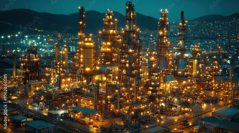 Fototapeta premium A stunning aerial view of a bustling industrial complex at night, showcasing machinery and illuminated structures that highlight modern production and technology