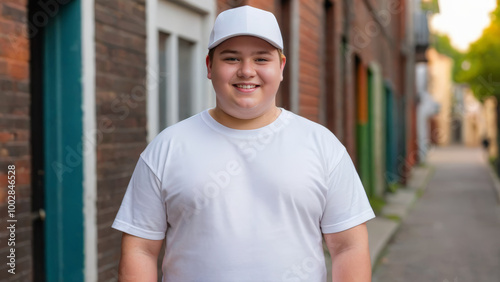 Plus size teenage boy wearing white t-shirt and white baseball cap standing in a city alley